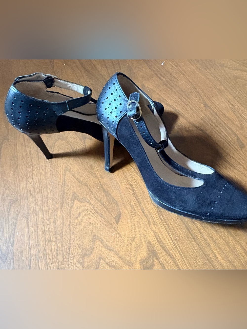 Black Suede T-Strap Stiletto Heels with Perforated Ankle Detail